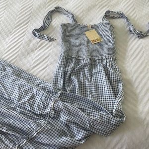 blue checkered gingham maxi dress